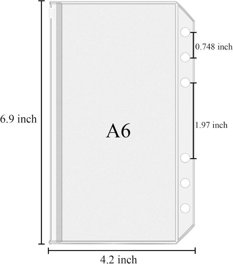 Antner 12pcs A6 Size Binder Pockets 6 Holes Budget Cash Envelopes for Budgeting, Clear Zipper Folders Loose Leaf Bags for A6 6-Ring Budget Binder, Waterproof PVC Document Pouch Filing Bags - Image 2
